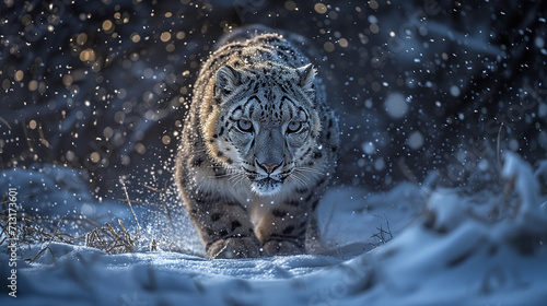Majestic Snow Leopard in Winter Wonderland. Rare species conservation and protection concept.  © FantasyEmporium
