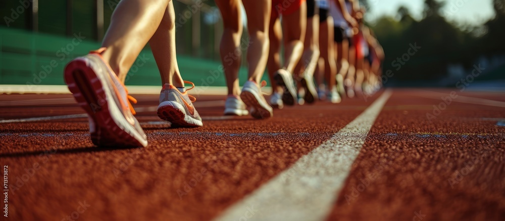 Female athletes at starting line on race track. Copy space image. Place for adding text