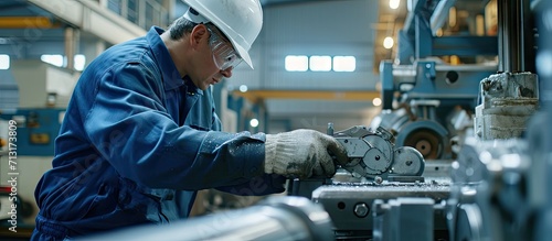 Engineer in blue jumpsuit and white hardhat operating lathe machine. Copy space image. Place for adding text photo