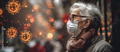 senior old woman in mask quarantine europe Elderly at risk for coronavirus covid 19 Stay at home Chinese virus pneumonia pandemic protection grandmother danger of getting infected. Copy space image