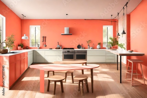 Kitchen interior with living coral color wall on living coral color