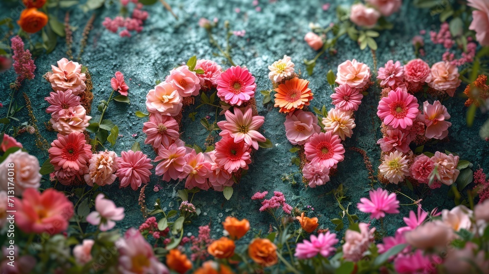 LOVE written with many small and big colorful flowers LOVE written with many small and big colorful flowers