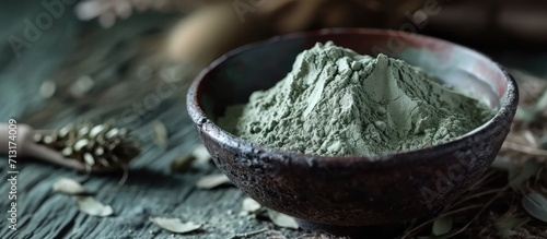 Green bentonite clay powder in a bowl Clay texture close up Diy mask and body wrap recipe Natural beauty treatment and spa. Copy space image. Place for adding text photo
