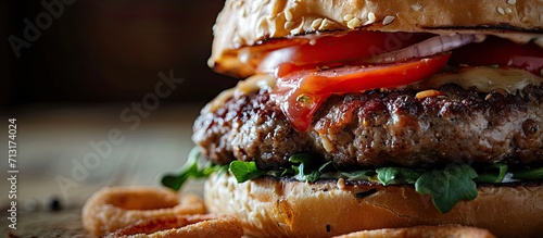 meal close up bun bread meat tasty american culture unhealthy eating onion rings comfort food double patty aioli beef patty brioche bun tomatoes ground meat mustard stuffed burger f. Copy space image photo