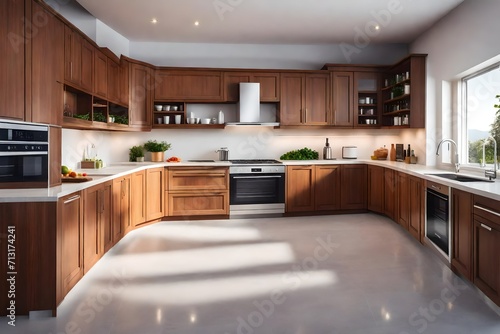 The photo of completely equipped light kitchen with household appliances