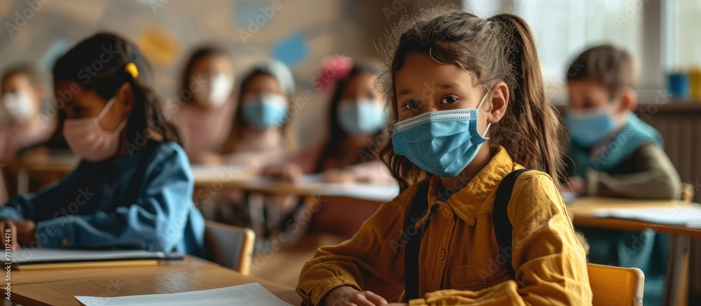 Education During Pandemic Diverse group of multiethnic schoolchildren wearing single use medical masks sitting at desk in classroom keeping new normal social distance studying at junior school Education During Pandemic Diverse group of multiethnic schoolchildren wearing single use medical masks sitting at desk in classroom keeping new normal social distance studying at junior school