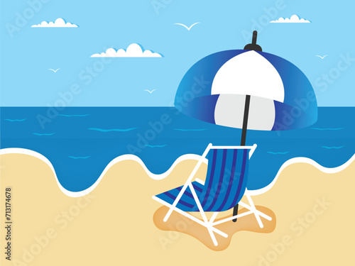 Summer beach landscape background with chair and umbrella