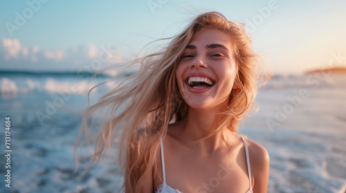 Linda mulher loira sorrindo na praia em um dia ensolarado - Banner photo
