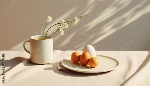 Minimalistic healthy breakfast arrangement with warm morning light