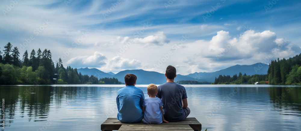 Back view of father and two children sitting together on jetty, Enjoying the mountain view from a wooden pier. Family bonding concept Back view of father and two children sitting together on jetty, Enjoying the mountain view from a wooden pier. Family bonding concept