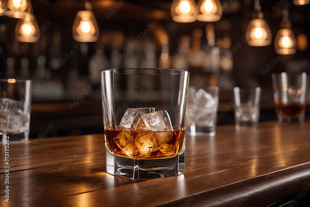 a glass of whiskey on the bar in front of the bar. Generative Ai