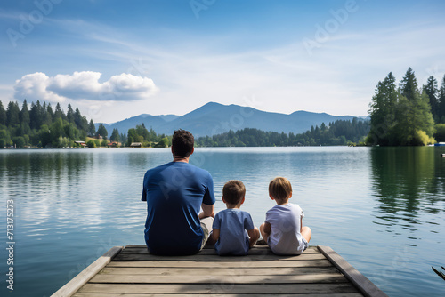 Back view of father and two children sitting together on jetty, Enjoying the mountain view from a wooden pier. Family bonding concept