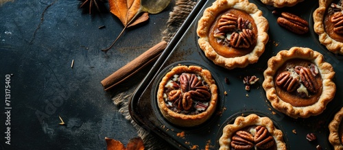 Mini pumpkin and pecan pies baked in muffin tin traditional Thanksgiving or fall dessert. Copy space image. Place for adding text