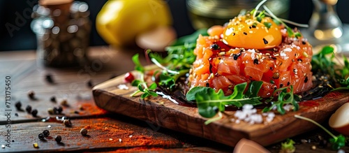 Tartar of 200 gramm salmon with balsamic greens black pepper olive oil lemon quail egg on wooden desk. Copy space image. Place for adding text photo