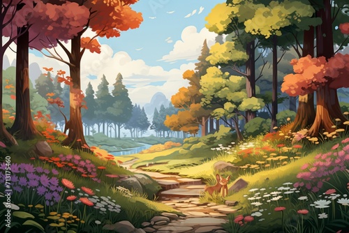 Embark on a visual adventure with a cartoon forest scene, where animated trees, cute woodland creatures, and colorful flowers, Generative AI