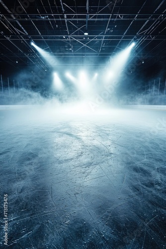 An empty ice rink with spotlights shining on the ice. Suitable for sports events or winter-themed designs