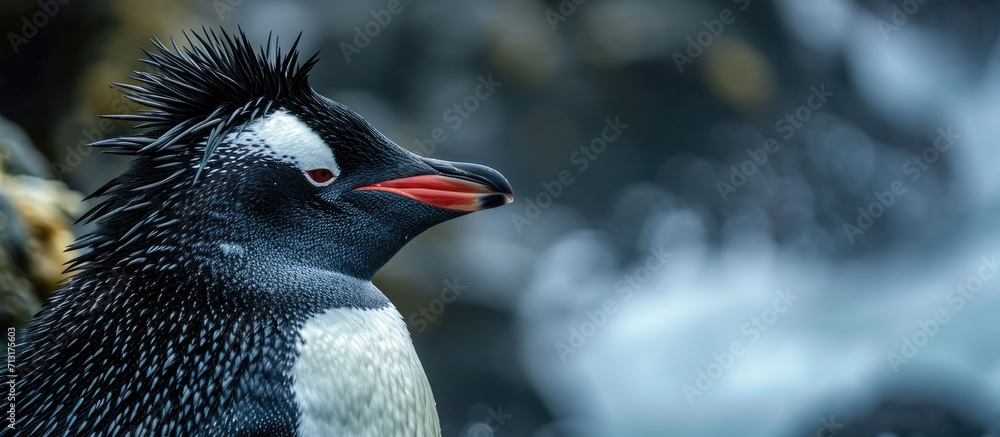 Naklejka premium Northern rockhopper penguin Eudyptes moseleyi also known as Moseleys rockhopper penguin or Moseley s penguin. Copy space image. Place for adding text