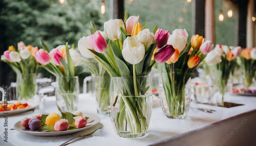 Wedding floral arrangement, tulips in a vase on a table, holiday decor and celebration