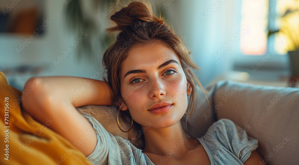 Woman sitting comfortably on a sofa Woman sitting comfortably on a sofa