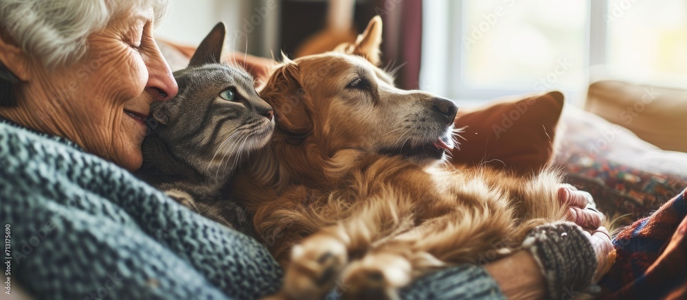 Obraz premium Middle aged woman enjoys spending time at home with her pets Dog licks owner s cheek with his tongue cat sitting on couch. Copy space image. Place for adding text