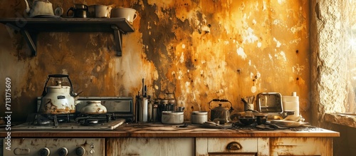Oil stains on the walls dirty stains on kitchen wall Dirty Cooking forgot to turn off the gas stove condensed milk explosion. Copy space image. Place for adding text photo