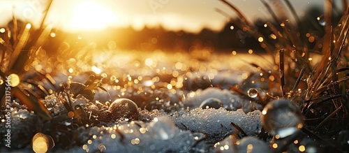 Macro photo of large hailstones in a meadow. Copy space image. Place for adding text