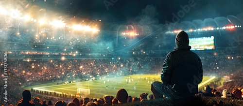 Football scene at night match with cheering fans at the stadium. Copy space image. Place for adding text photo