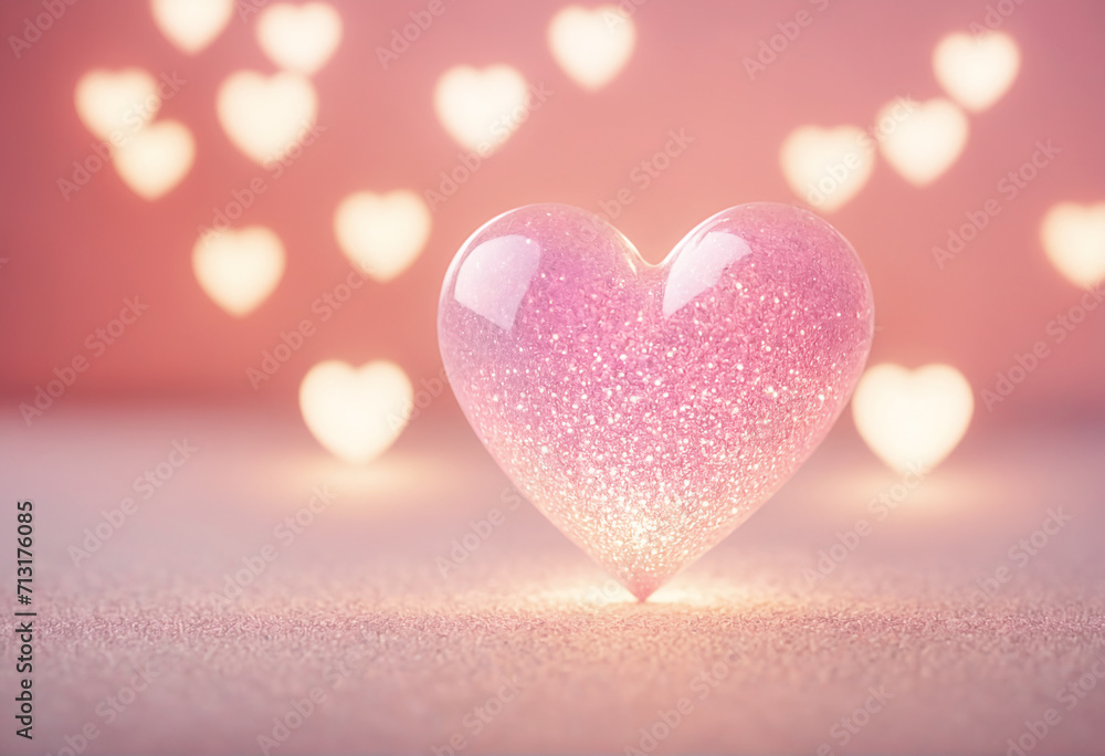 A big shiny glittery pink heart on a blurry heart bokeh background. Valentine's Day concept. A big shiny glittery pink heart on a blurry heart bokeh background. Valentine's Day concept.