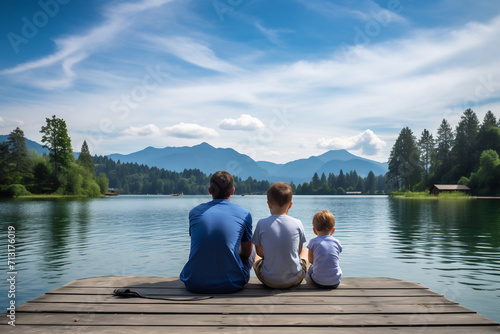 Back view of father and two children sitting together on jetty, Enjoying the mountain view from a wooden pier. Family bonding concept © AspctStyle