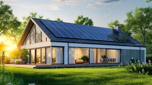 Modern house or home with the rooftop full of blue solar panels. Alternative and renewable energy source roof tile, clear sunny sky daytime. Eco friendly photovoltaic electricity and power generator