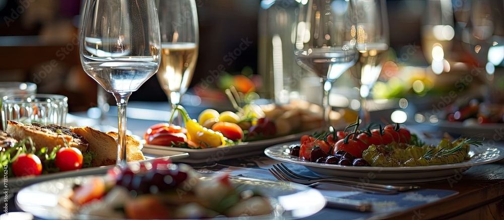 Luxury food and drinks on wedding table Shallow DOF. Copy space image. Place for adding text Luxury food and drinks on wedding table Shallow DOF. Copy space image. Place for adding text