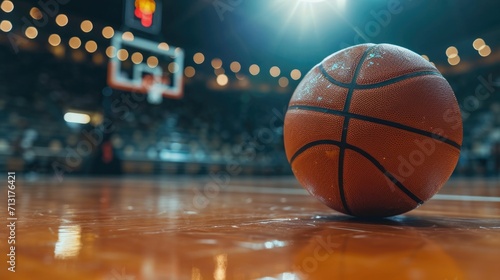 Close-Up of Basketball on Shiny Hardwood Court photo