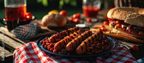 Hot dogs and baked bean for the 4th of July holiday picnic. Copy space image. Place for adding text photo