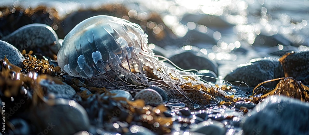 A large wild pale pink jellyfish swims among beach rocks and seaweed on a shoreline of the ocean The marine stinging mane jellyfish is transparent with four circles within a large transparent c - obrazy, fototapety, plakaty 
