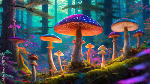 Mushrooms in the forest, with psychedelic and vibrant neon cores