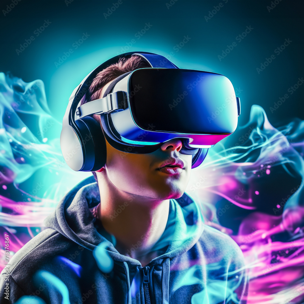 Young man wearing VR headset over dark glowing background Young man wearing VR headset over dark glowing background