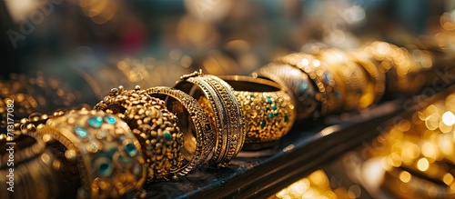 Bracelets on a show window jewelry store gold jewelry in grand bazaar. Copy space image. Place for adding text photo