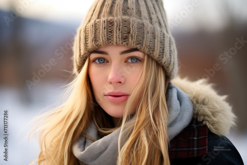 Portrait of a pretty young woman in winter (A.I.-generated)