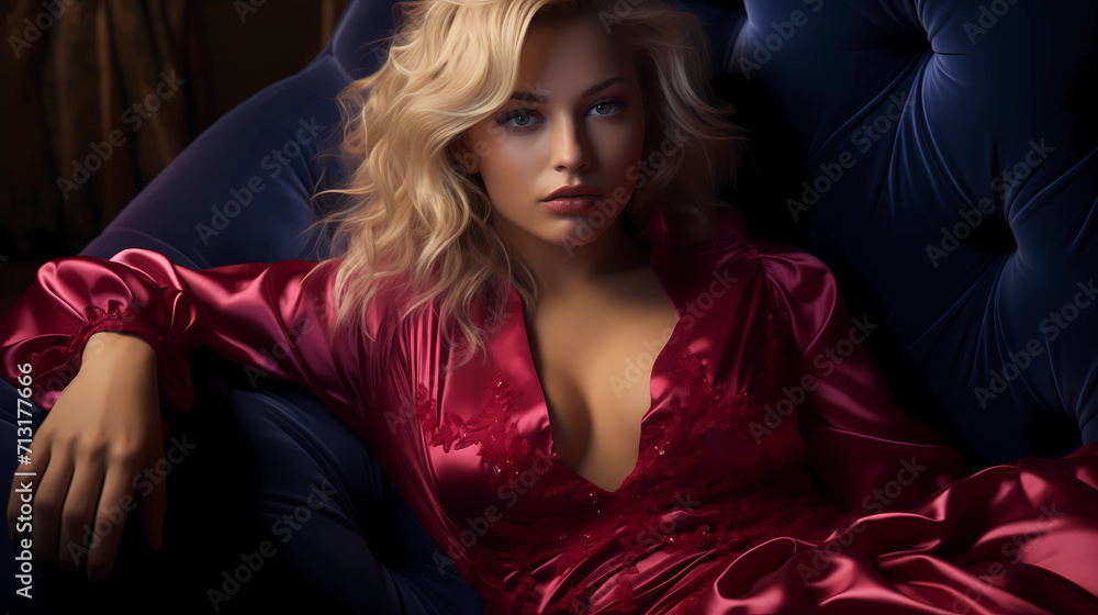 Naklejka premium Portrait of beautiful young blonde model wearing wine purple satin gown sitting on a blue couch and staring at the camera. Attractive woman in satin dress lying down. Fashionable female model
