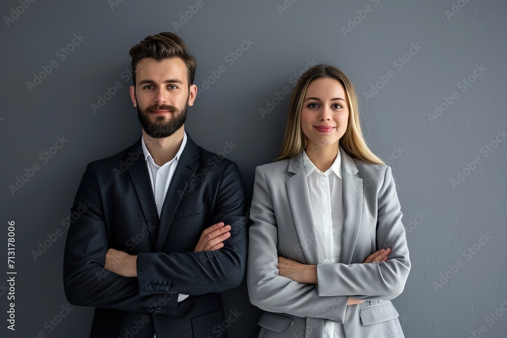 Businessman and woman posing in front of gray background Businessman and woman posing in front of gray background