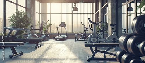 Closeup image of a gym interior with equipment. Copy space image. Place for adding text