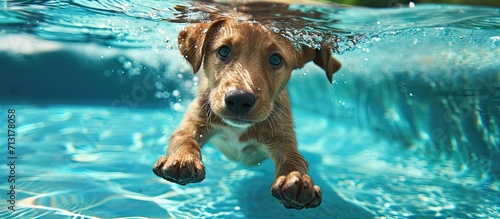 Underwater photo of golden labrador retriever puppy in outdoor swimming pool play with fun jumping and diving deep down Activities and games with family pets and popular dog on summer holiday photo