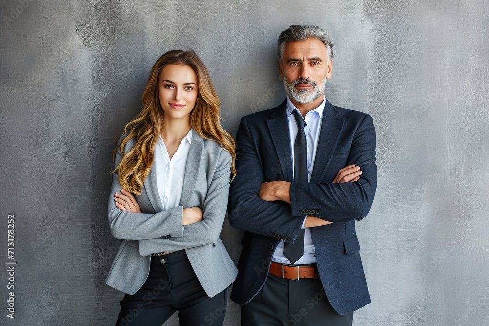 Businessman and woman posing in front of gray background Businessman and woman posing in front of gray background