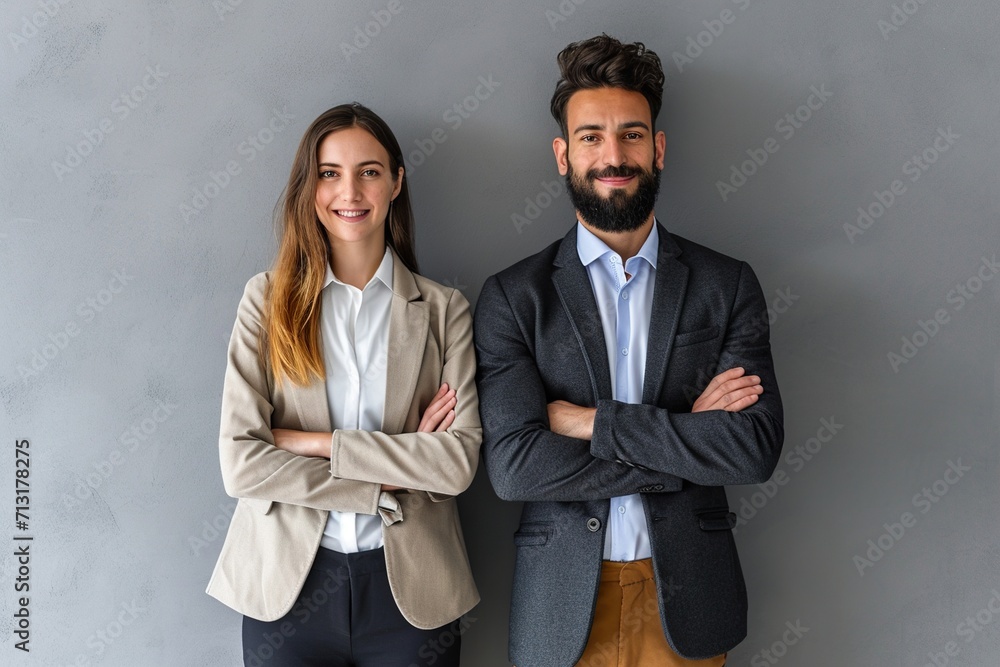 Businessman and woman posing in front of gray background Businessman and woman posing in front of gray background