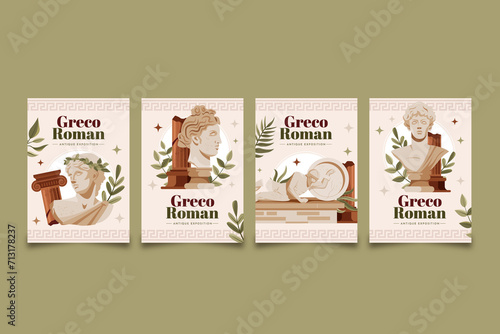Hand drawn flat greco roman cards collection with antique greek busts and leaves photo