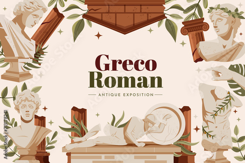 Hand drawn flat greco roman background with antique greek sculptures photo