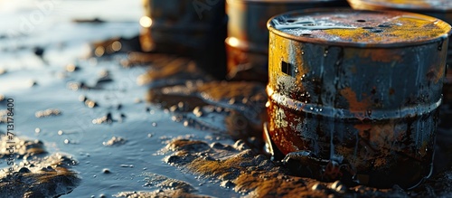 A pile of oil filters and containers spilling on everything Where is your oil going. Copy space image. Place for adding text photo