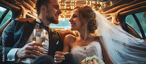 Happy bride and groom about limousine in wedding day. Copy space image. Place for adding text photo