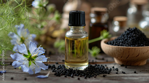 Black cumin essential oil in a small bottle. selective focus. Generative AI, photo