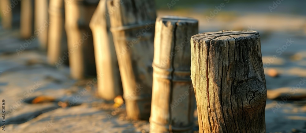 Bails on stumps at cricket field Close up. Copy space image. Place for adding text